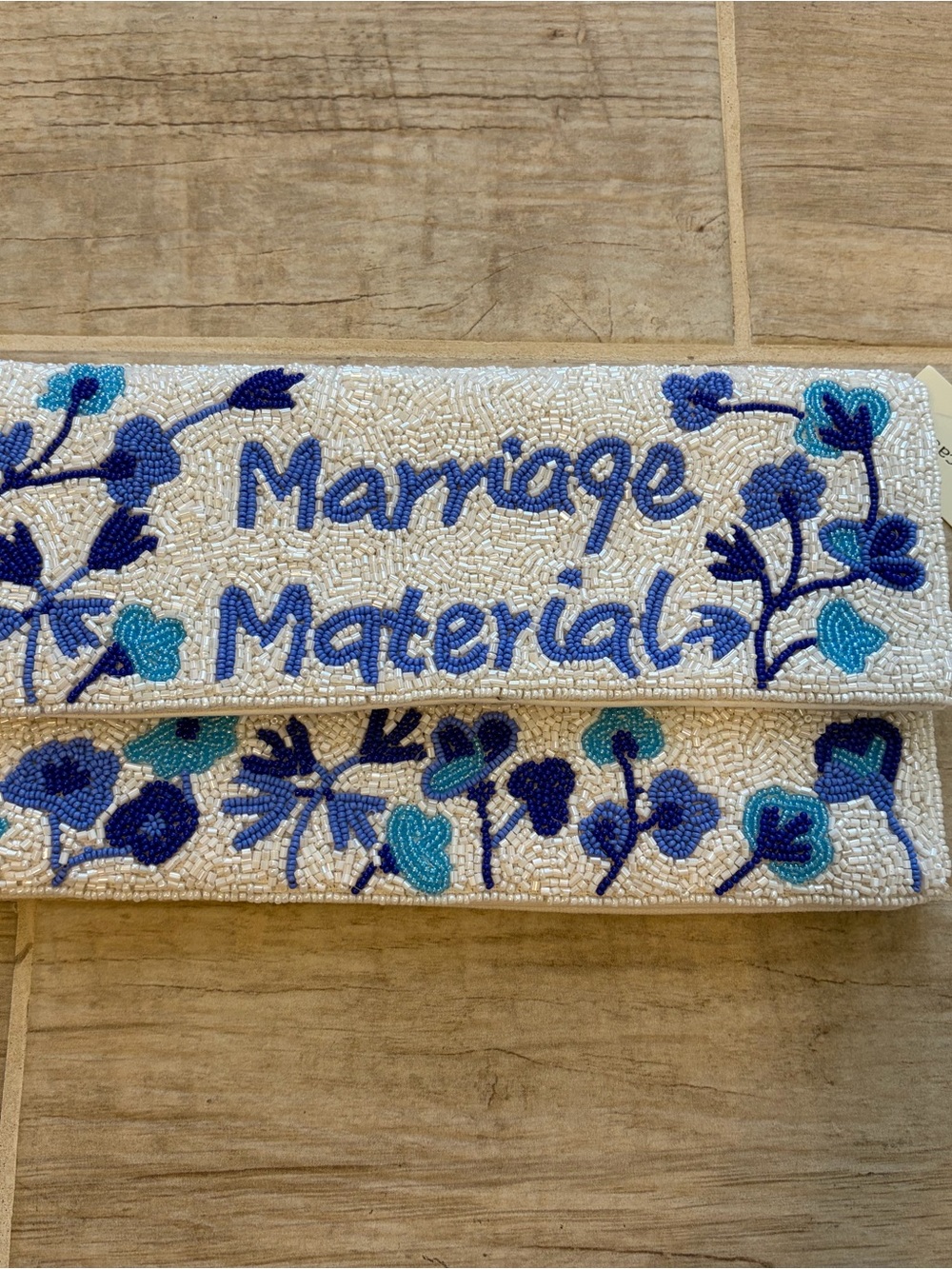 Francesca's Collections Beaded 'Marriage Material' Clutch in White and Blue